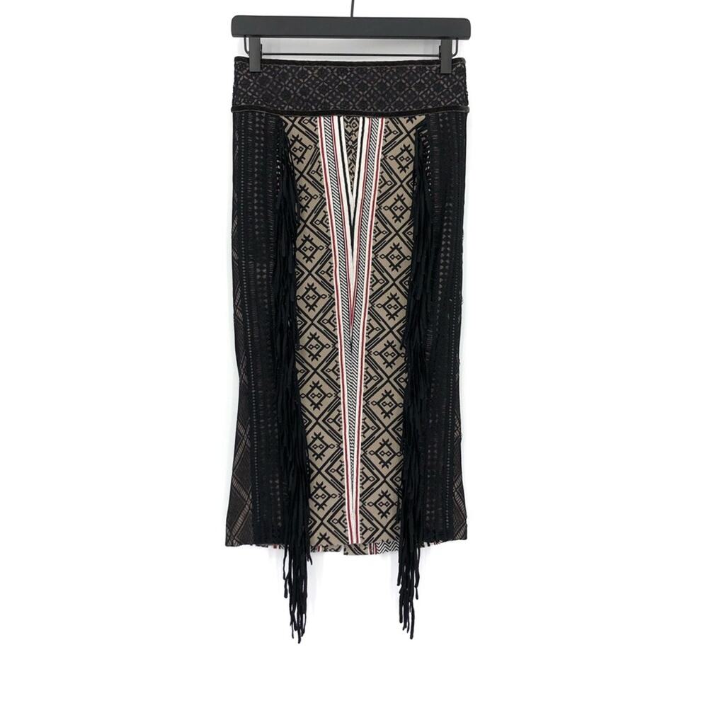 BYRON LARS Beauty Mark Fringe Pencil Shirt Black Cream Red 0